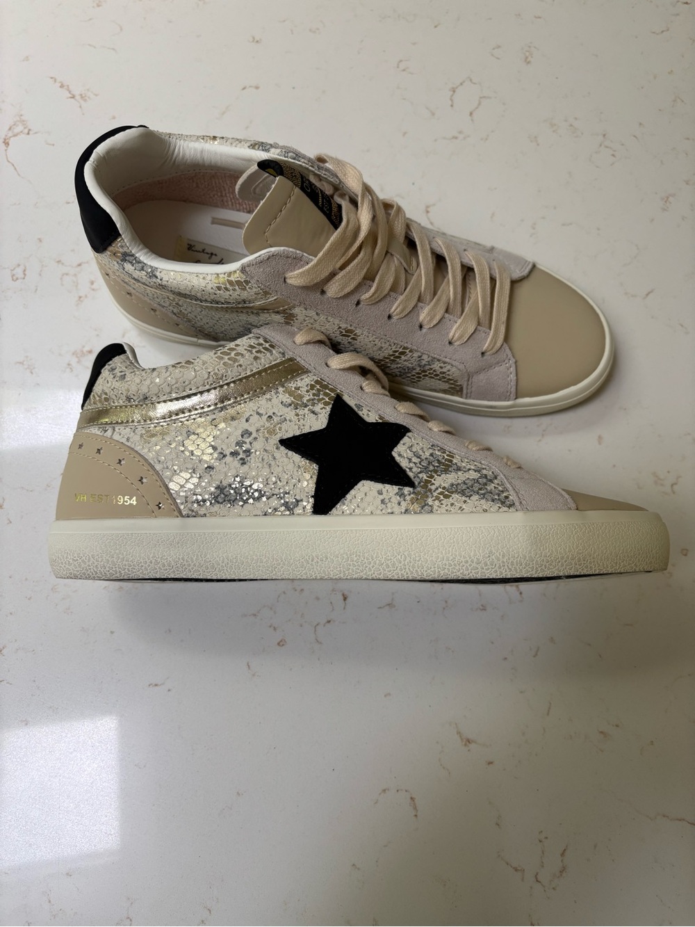Vintage Havana Mid Top Beige Metallic Snake-Print Sneakers with Black Stars